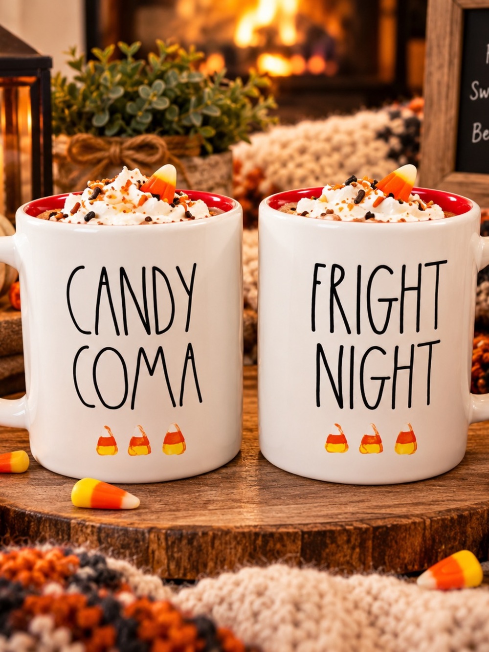 Rae Dunn White Ceramic Coffee Tea Coccoa Mugs Candy Corn Accents Set of 2